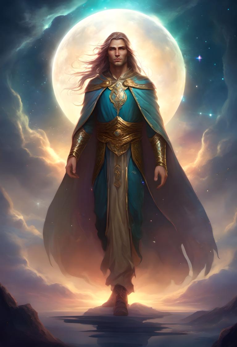 Fantasy Art,Fantasy Art, People, man, solo, moon, cape, long hair, male focus, 1boy, sky, pointy ears, cloud