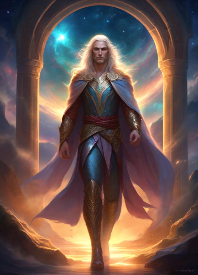 Fantasy Art,Fantasy Art, People, man, male focus, cape, 1boy, solo, blonde hair, long hair, facial hair, sky