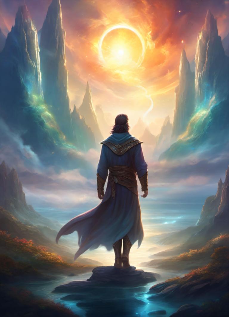 Fantasy Art,Fantasy Art, People, man, 1boy, male focus, solo, sun, from behind, sky, cloud, mountain