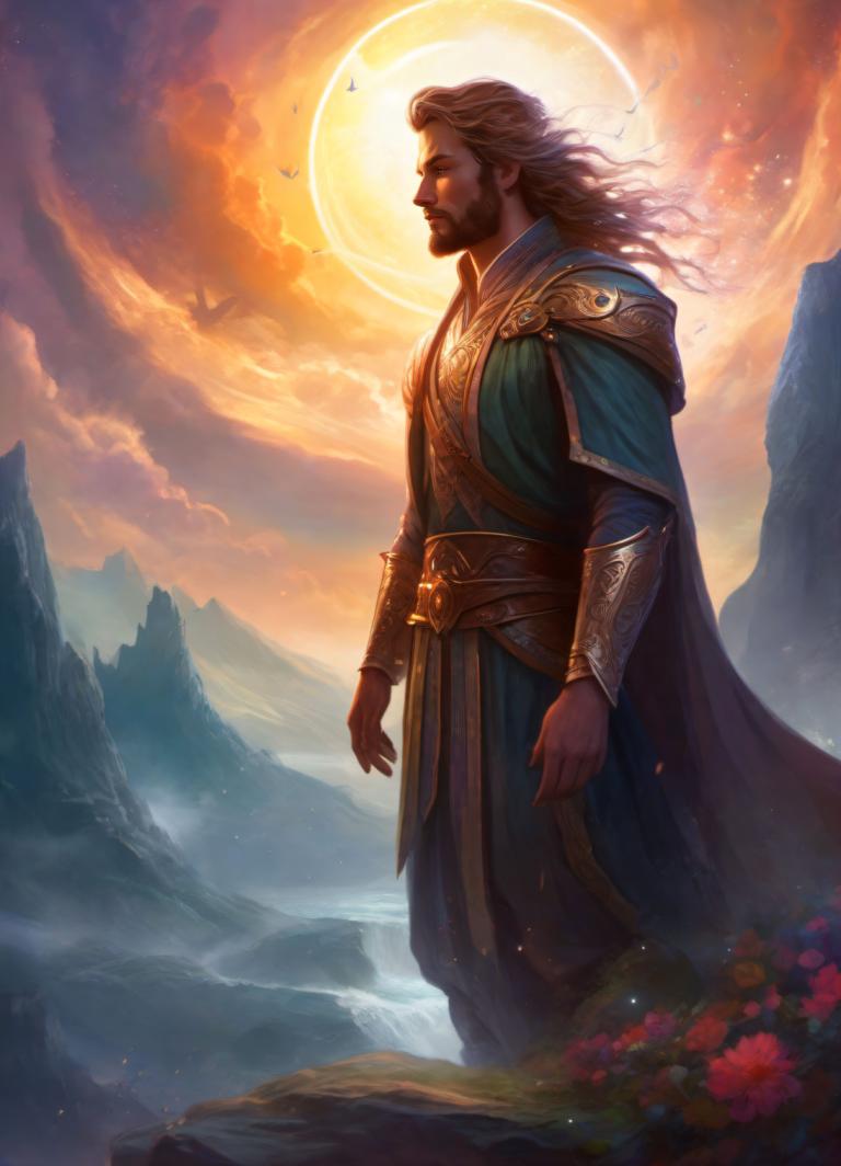 Fantasy Art,Fantasy Art, People, man, 1boy, male focus, solo, cape, facial hair, flower, mountain, long hair