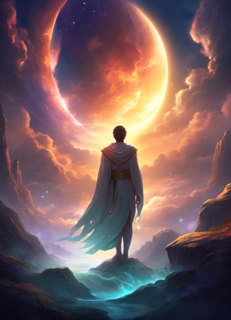 Fantasy Art,Fantasy Art, People, man, 1boy, solo, sky, cloud, male focus, moon, from behind, cape, standing