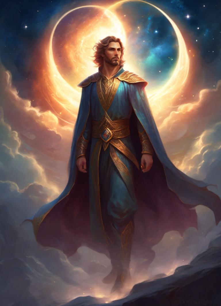 Fantasy Art,Fantasy Art, People, man, male focus, 1boy, solo, cape, brown hair, sky, moon, facial hair, cloud