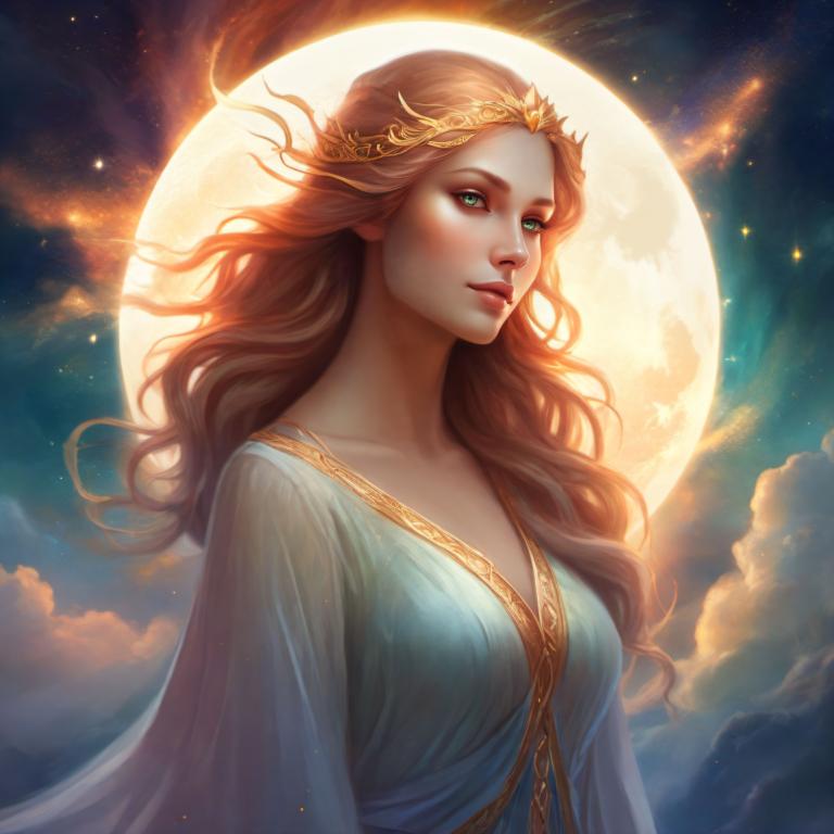 Fantasy Art,Fantasy Art, People, woman, 1girl, solo, long hair, moon, green eyes, sky, cloud, breasts, lips