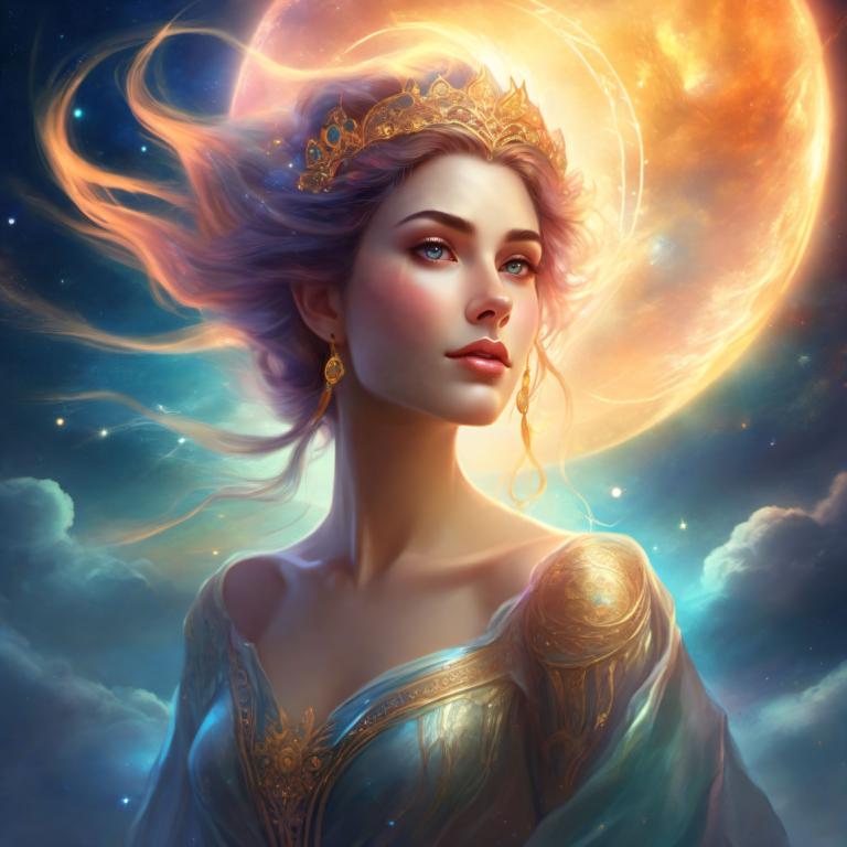 Fantasy Art,Fantasy Art, People, woman, 1girl, solo, earrings, jewelry, moon, blue eyes, tiara, dress, sky