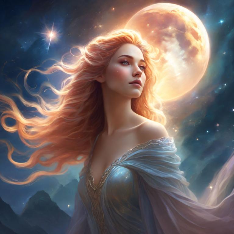 Fantasy Art,Fantasy Art, People, woman, 1girl, solo, long hair, moon, breasts, dress, blue eyes, sky