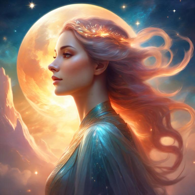 Arte de fantasía,Arte de fantasía, Gente, mujer, 1 chica, solo, pelo largo, luna, perfil, cielo, labios