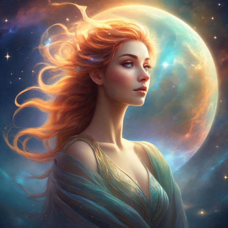 Fantasy Art,Fantasy Art, People, woman, 1girl, solo, blue eyes, long hair, moon, orange hair, lips