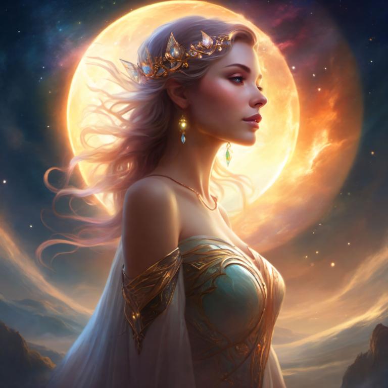 Fantasy Art,Fantasy Art, People, woman, 1girl, jewelry, moon, solo, long hair, earrings, necklace, blue eyes