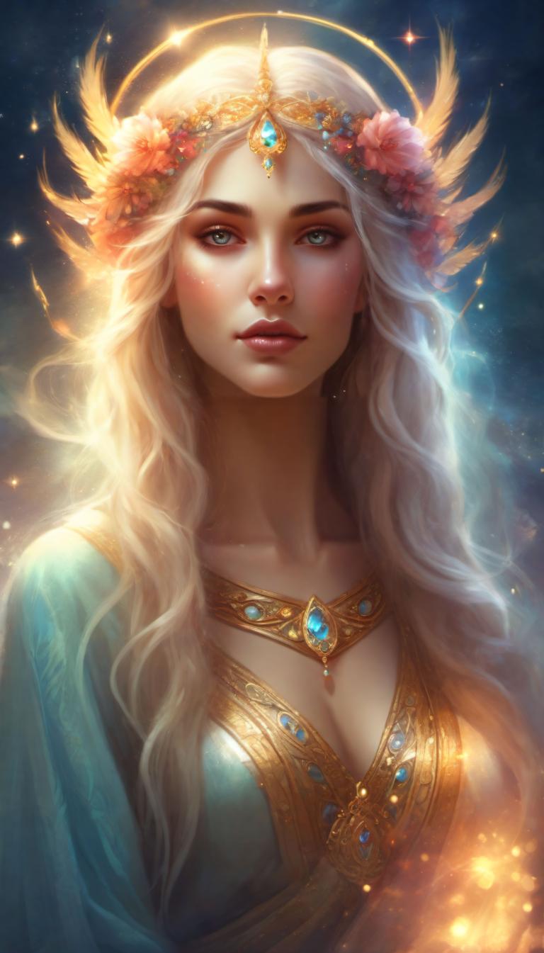 Arc Csere, Fantasy Art, Fantasy Art, People, woman, 1girl, solo, long hair, blue eyes, blonde hair, breasts, hair ornament, flower, cleavage, jewelry, looking at viewer, freckles, upper body, lips, dress, realistic, hair flower, halo, medium breasts