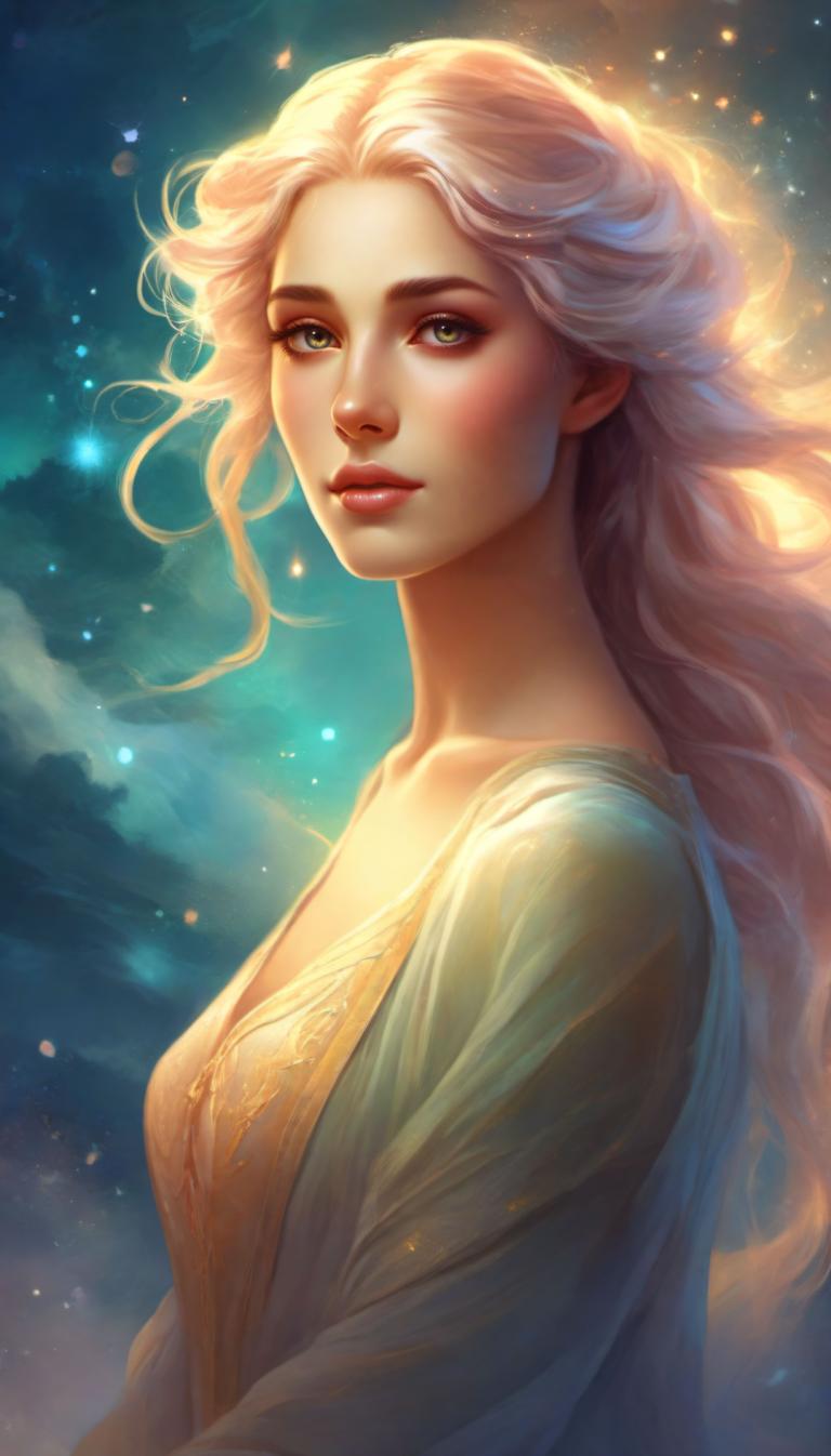 Arc Csere, Fantasy Art, Fantasy Art, People, woman, 1girl, solo, long hair, looking at viewer, green eyes, lips, sky, breasts, dress, upper body, from side, blonde hair, realistic