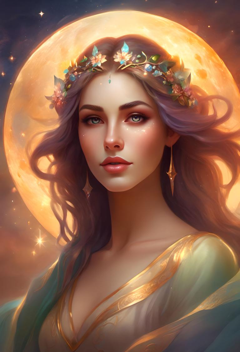 Fantasy Art,Fantasy Art, People, woman, 1girl, solo, jewelry, earrings, long hair, moon, breasts