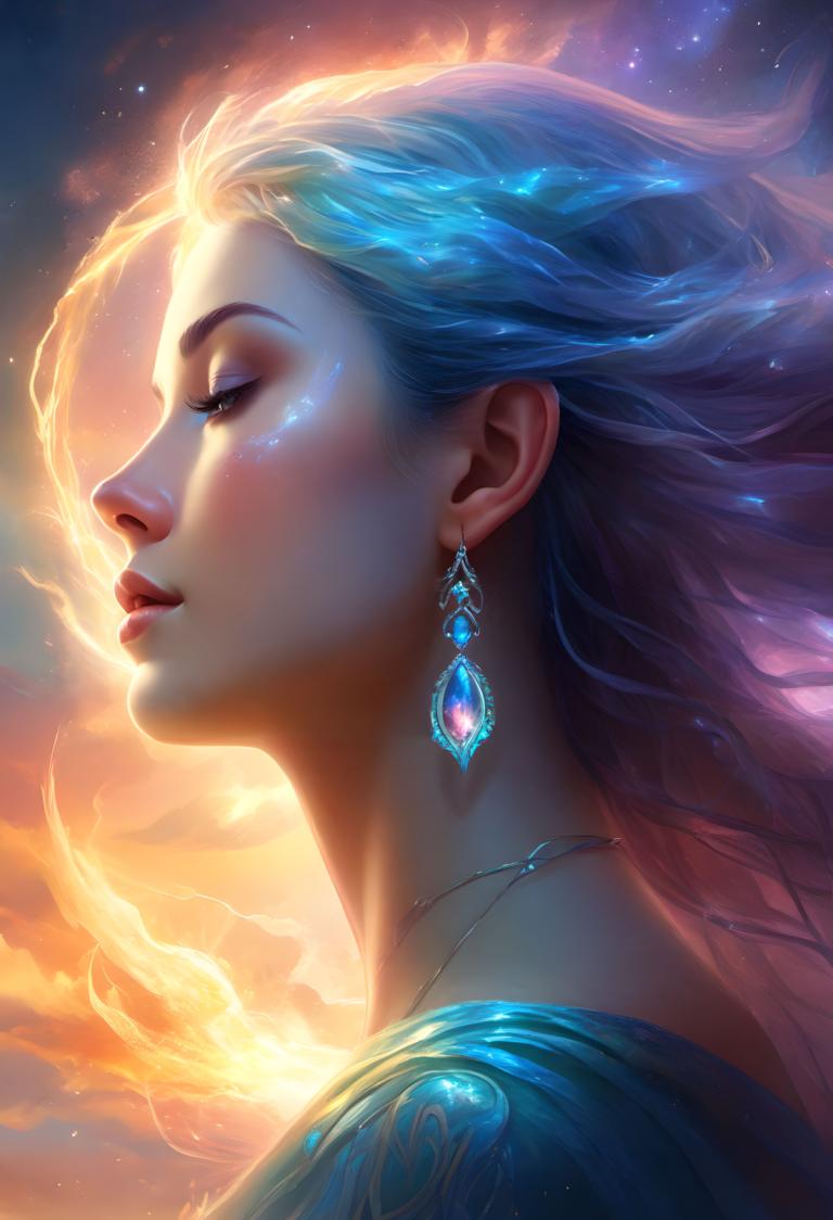 Fantasy Art,Fantasy Art, People, woman, 1girl, jewelry, solo, earrings, long hair, necklace, blue hair