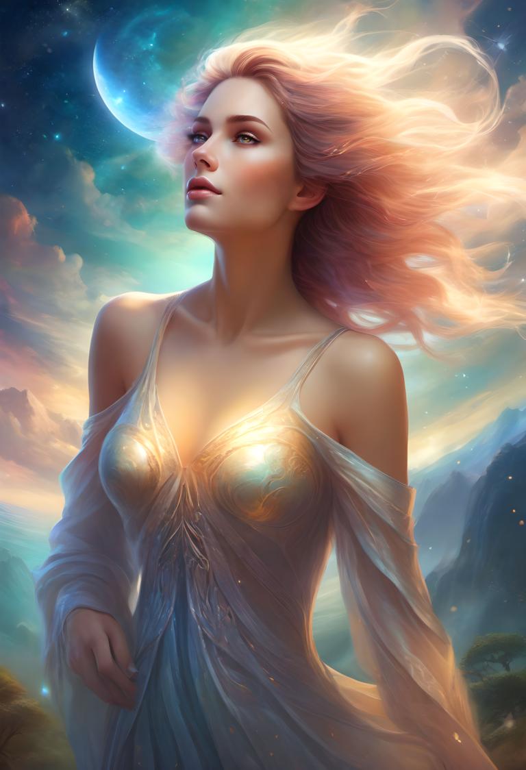 Fantasy Art,Fantasy Art, People, woman, 1girl, solo, sky, long hair, breasts, dress, moon, cloud, realistic