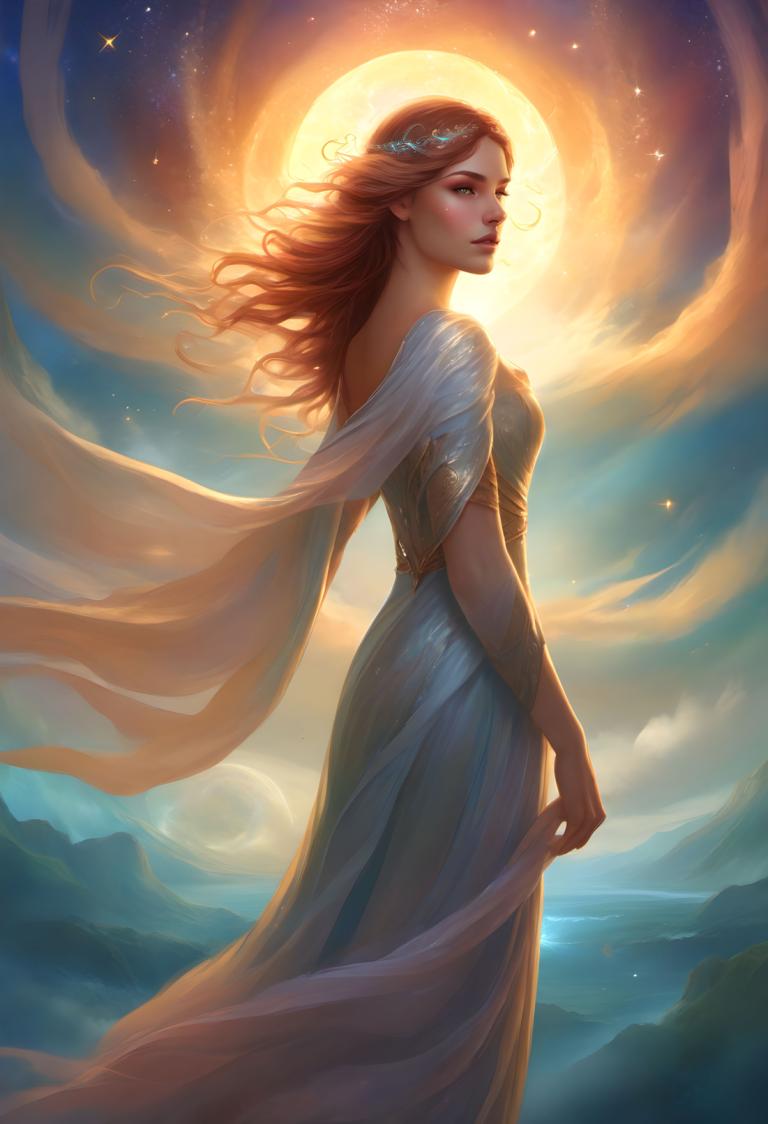 Fantasy Art,Fantasy Art, People, woman, 1girl, solo, dress, long hair, moon, sky, looking at viewer, lips