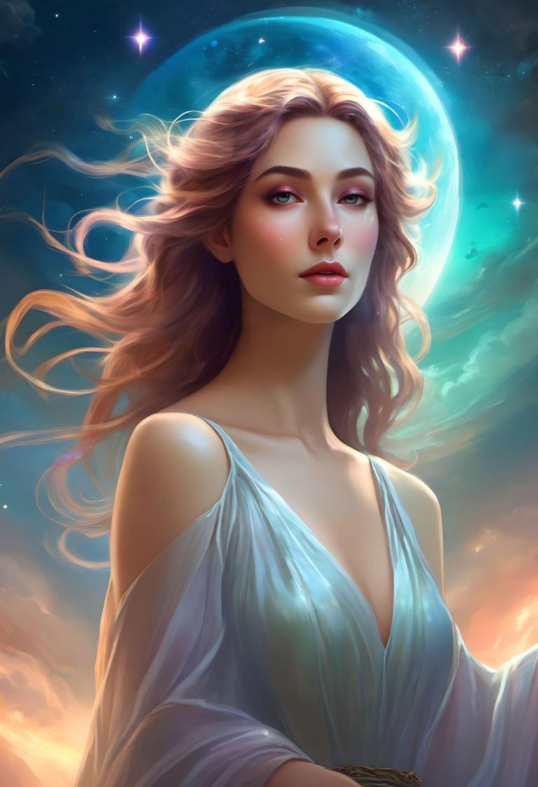 Fantasy Art,Fantasy Art, People, woman, 1girl, solo, long hair, moon, sky, star (sky), dress, breasts