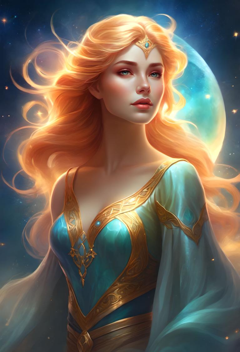 Arc Csere, Fantasy Art, Fantasy Art, People, woman, 1girl, solo, long hair, breasts, dress, blonde hair, lips, moon, blue eyes, upper body, tiara, realistic, circlet, collarbone, green eyes