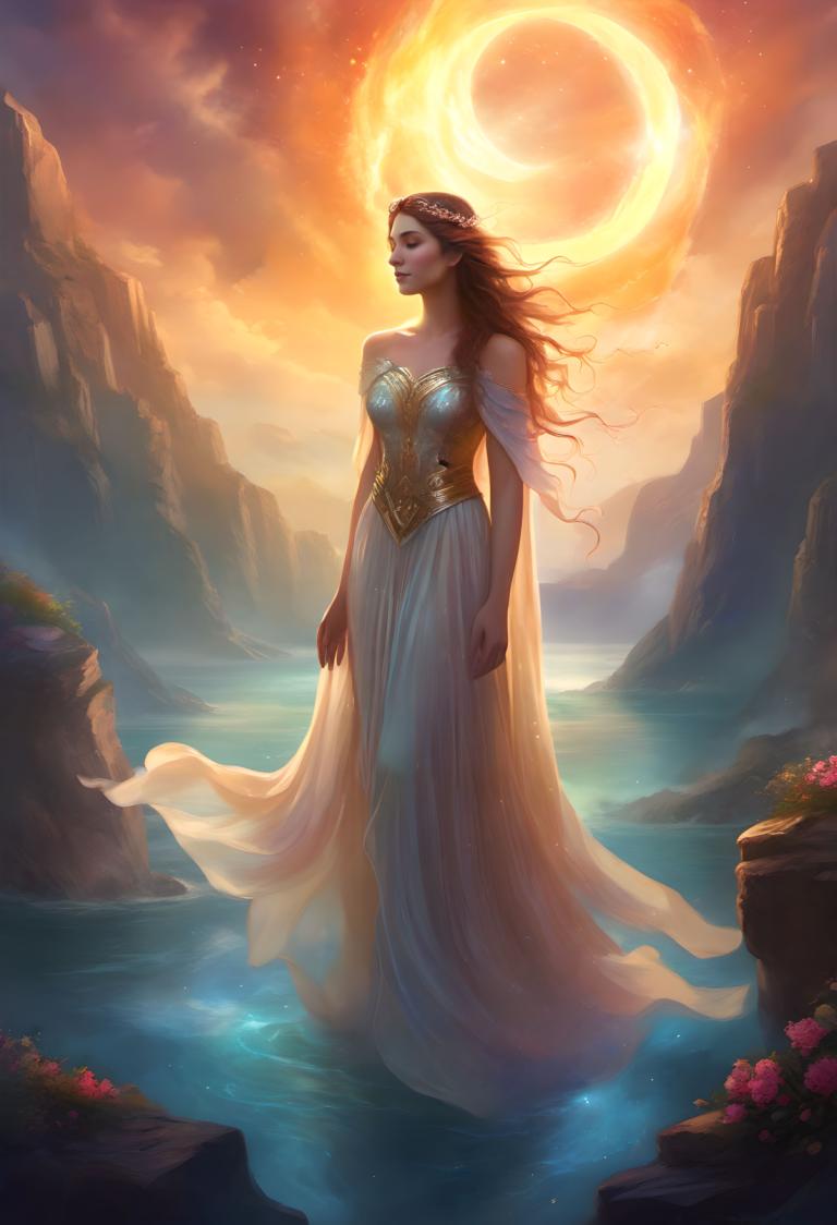 Fantasy Art,Fantasy Art, People, woman, 1girl, solo, long hair, moon, water, dress, flower, pointy ears