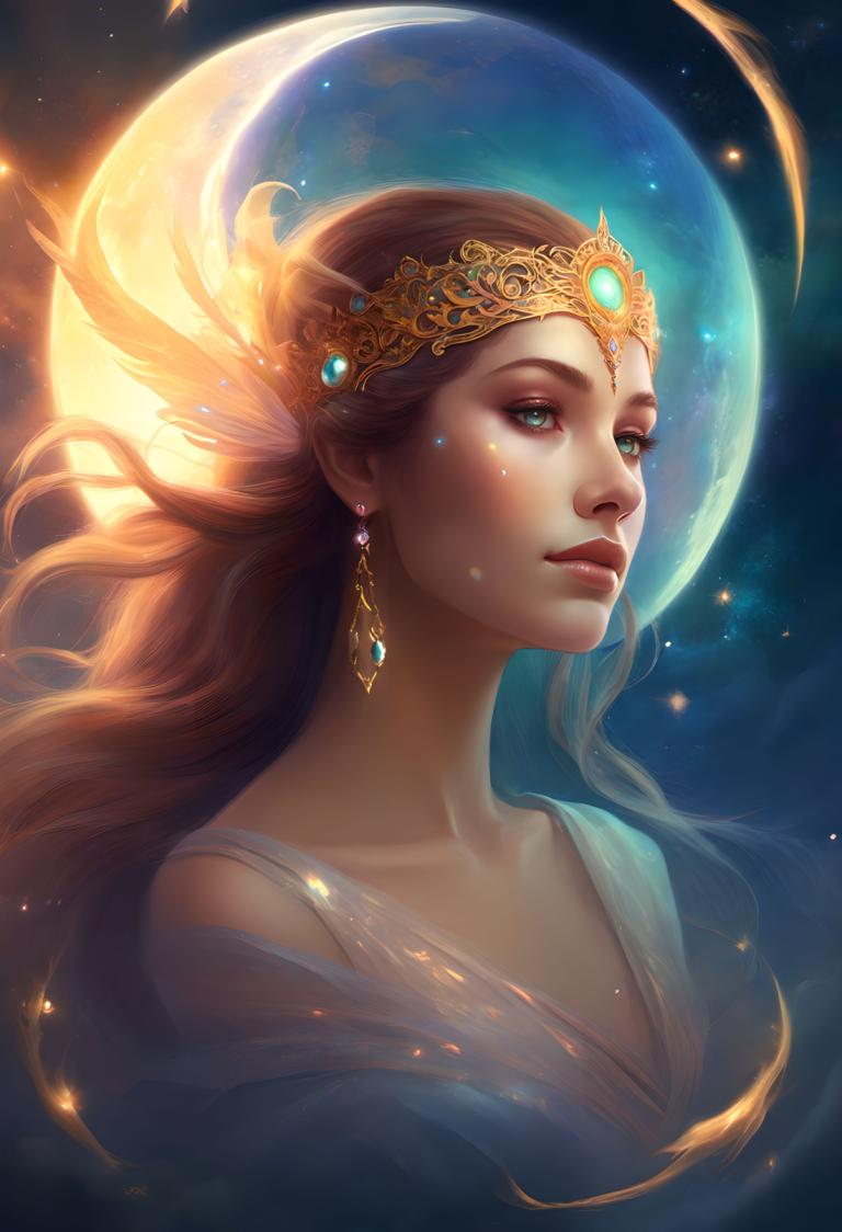 Fantasy Art,Fantasy Art, People, woman, 1girl, solo, moon, jewelry, long hair, earrings, brown hair, feathers