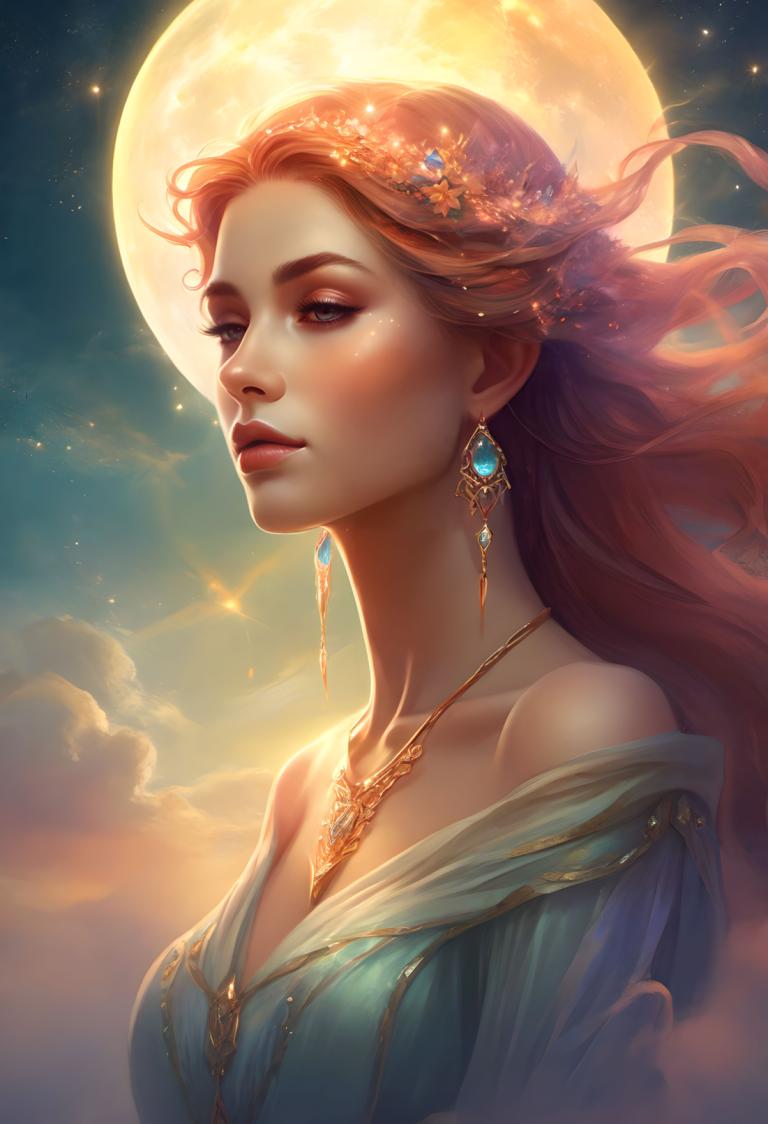 Fantasy Art,Fantasy Art, People, woman, 1girl, jewelry, solo, earrings, moon, long hair, necklace, dress, sky