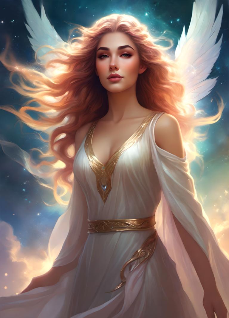 Arc Csere, Fantasy Art, Fantasy Art, People, woman, 1girl, solo, wings, long hair, breasts, dress, sky, angel wings, cleavage, angel, feathered wings, white dress, medium breasts, blue eyes, lips, parted lips, realistic, star (sky), looking at viewer