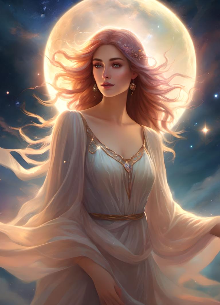 Fantasy Art,Fantasy Art, People, woman, 1girl, solo, moon, jewelry, earrings, dress, long hair, sky, night