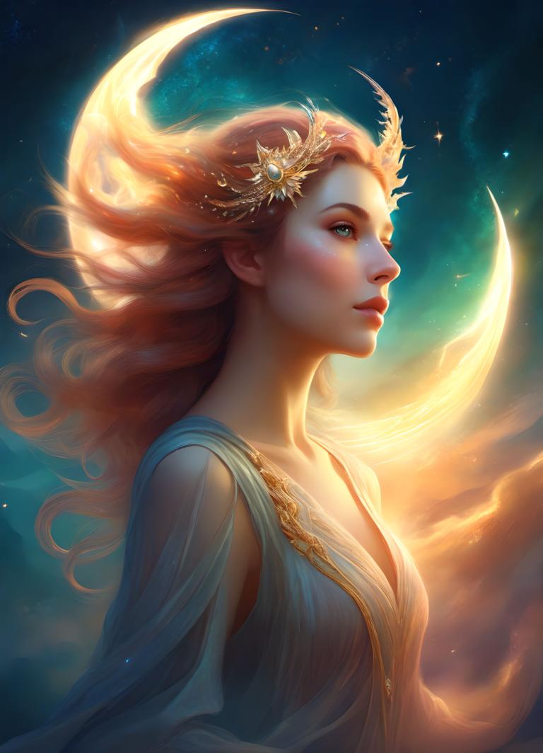 Fantasy Art,Fantasy Art, People, woman, 1girl, solo, long hair, lips, sky, moon, hair ornament, dress