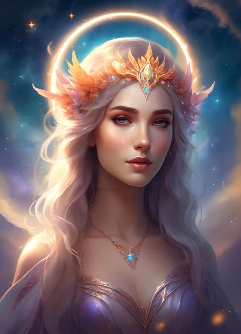 Fantasy Art,Fantasy Art, People, woman, 1girl, solo, jewelry, long hair, blue eyes, necklace, halo, breasts