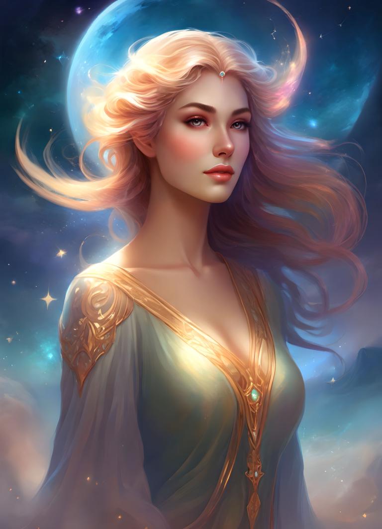 Fantasy Art,Fantasy Art, People, woman, 1girl, solo, long hair, blonde hair, breasts, dress, moon, cleavage