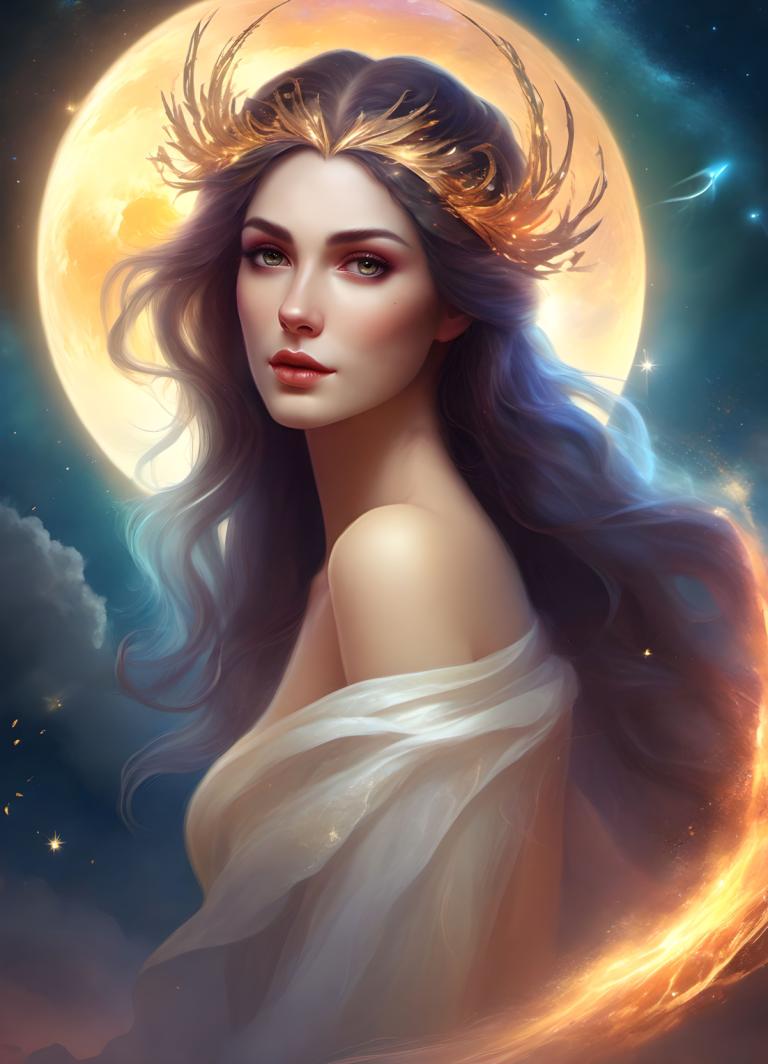 Fantasy Art,Fantasy Art, People, woman, 1girl, solo, long hair, moon, sky, looking at viewer, lips, night