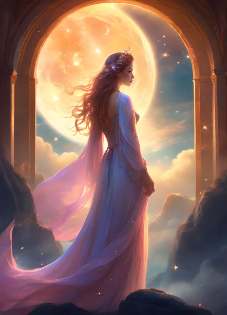 Fantasy Art,Fantasy Art, People, woman, 1girl, solo, moon, long hair, dress, pillar, breasts, sky, brown hair