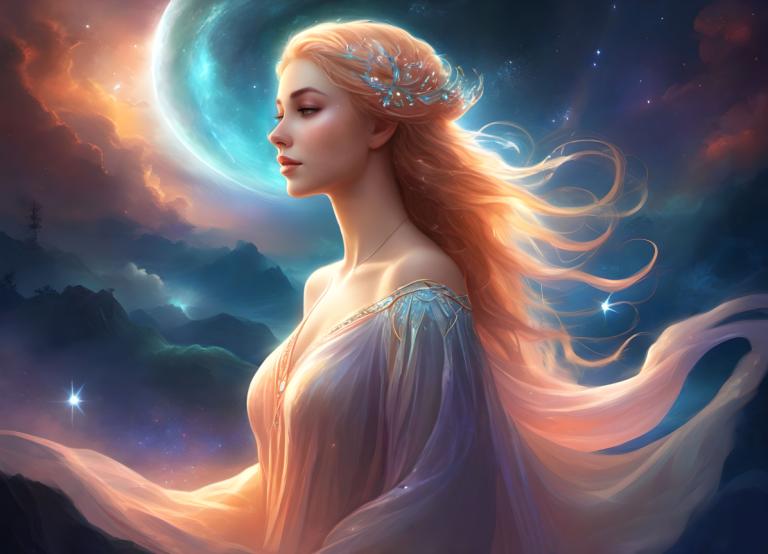 Fantasy Art,Fantasy Art, People, woman, 1girl, long hair, solo, blonde hair, sky, moon, dress, hair ornament