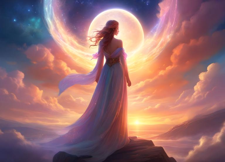 Arte de fantasía,Arte de fantasía, Gente, mujer, 1 chica, solo, luna, cielo, pelo largo, vestido, nube