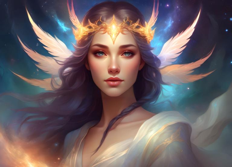 Arc Csere, Fantasy Art, Fantasy Art, People, woman, 1girl, solo, long hair, blue eyes, lips, realistic, looking at viewer, upper body, black hair, head wings, nose, brown hair, collarbone, tiara