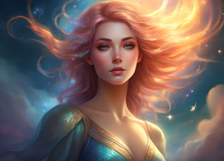 Fantasy Art,Fantasy Art, People, woman, 1girl, solo, long hair, sky, blue eyes, breasts, cloud, parted lips