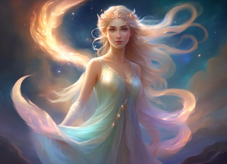 Arc Csere, Fantasy Art, Fantasy Art, People, woman, 1girl, long hair, solo, blonde hair, dress, blue eyes, looking at viewer, breasts, sky, lips, realistic, fire, bare shoulders