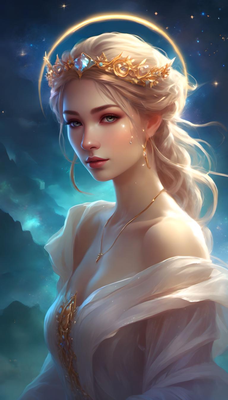 Fantasy Art,Fantasy Art, People, woman, 1girl, jewelry, solo, blonde hair, earrings, breasts, necklace, halo