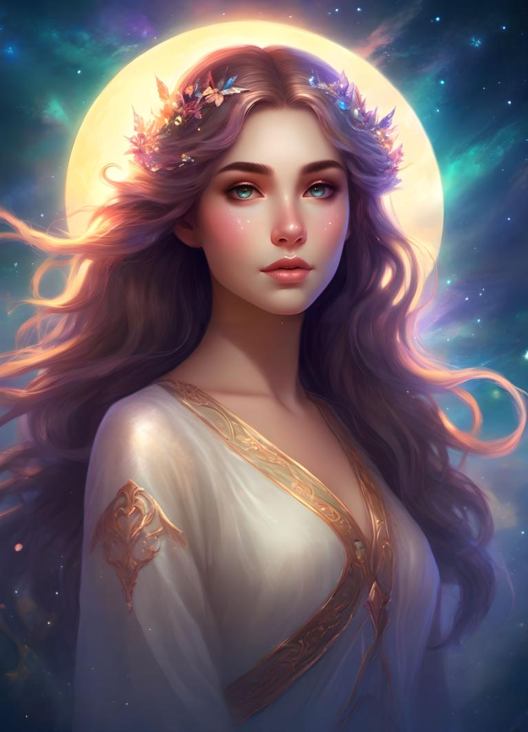 Arc Csere, Fantasy Art, Fantasy Art, People, woman, 1girl, solo, long hair, brown hair, moon, lips, dress, hair ornament, upper body, realistic, sky, breasts, looking at viewer, nose, blue eyes, green eyes, white dress, night, flower, star (sky), parted lips