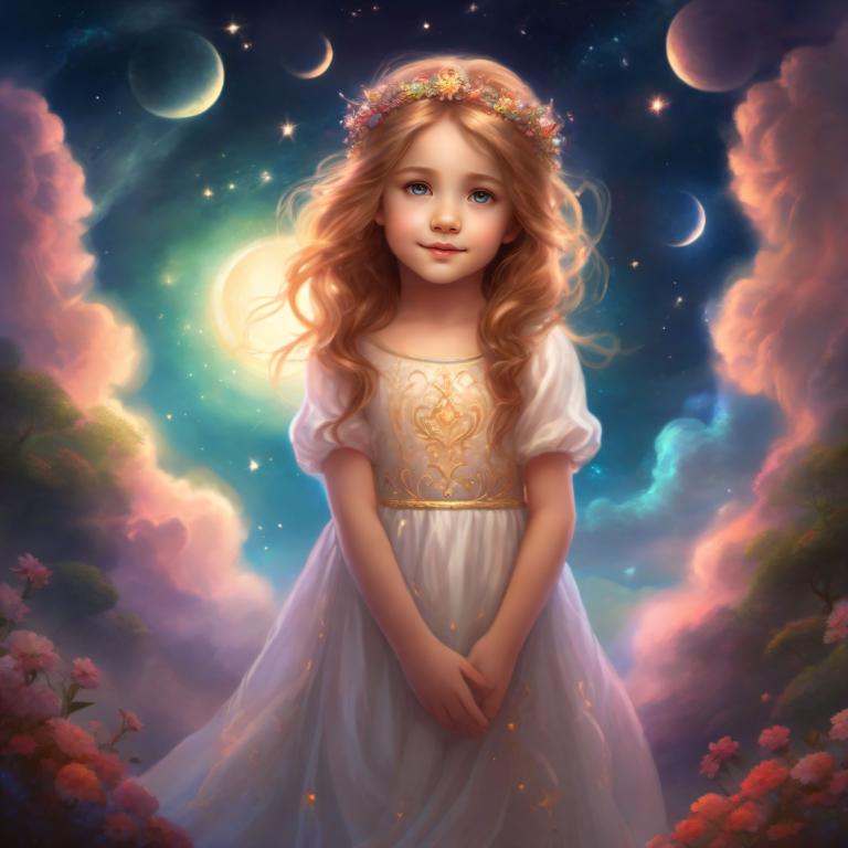 Arc Csere, Fantasy Art, Fantasy Art, People, girl, 1girl, solo, flower, moon, blue eyes, dress, sky, cloud, long hair, blonde hair, head wreath, crescent moon, star (sky), night, white dress, looking at viewer, lips, smile, own hands together, short sleeves, starry sky, night sky, star (symbol), puffy sleeves, outdoors, standing