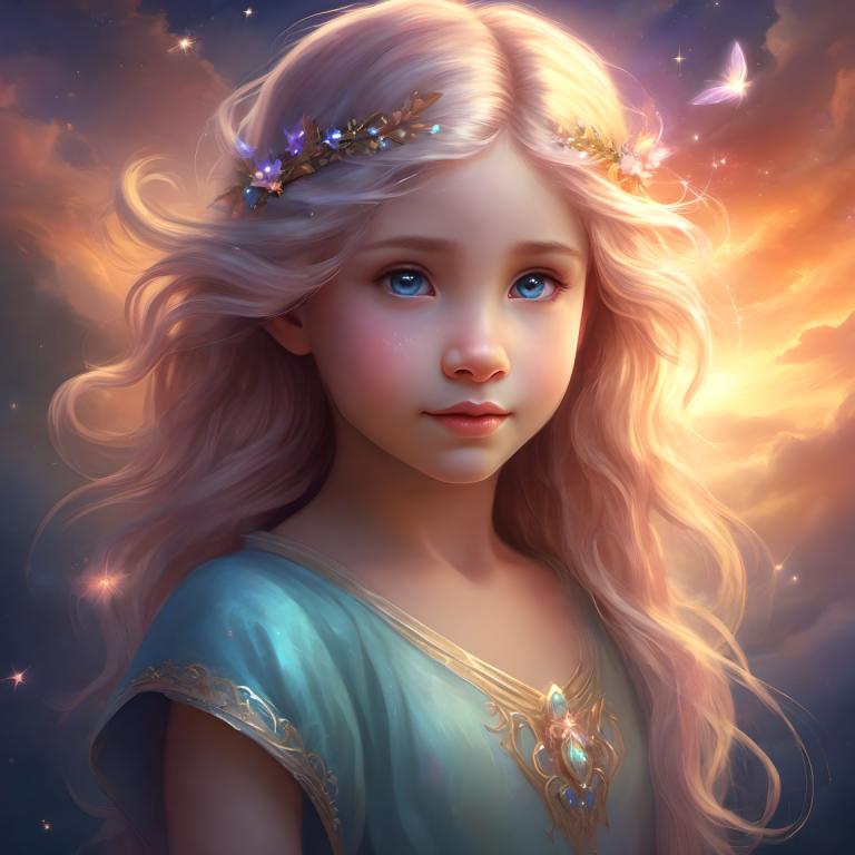 Arc Csere, Fantasy Art, Fantasy Art, People, girl, 1girl, solo, long hair, blue eyes, blonde hair, sky, cloud, sunset, lips, upper body, looking at viewer, hair ornament, sparkle, realistic, gem, dress