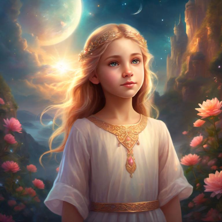 Fantasy Art,Fantasy Art, People, girl, 1girl, blonde hair, solo, flower, moon, long hair, blue eyes, sky