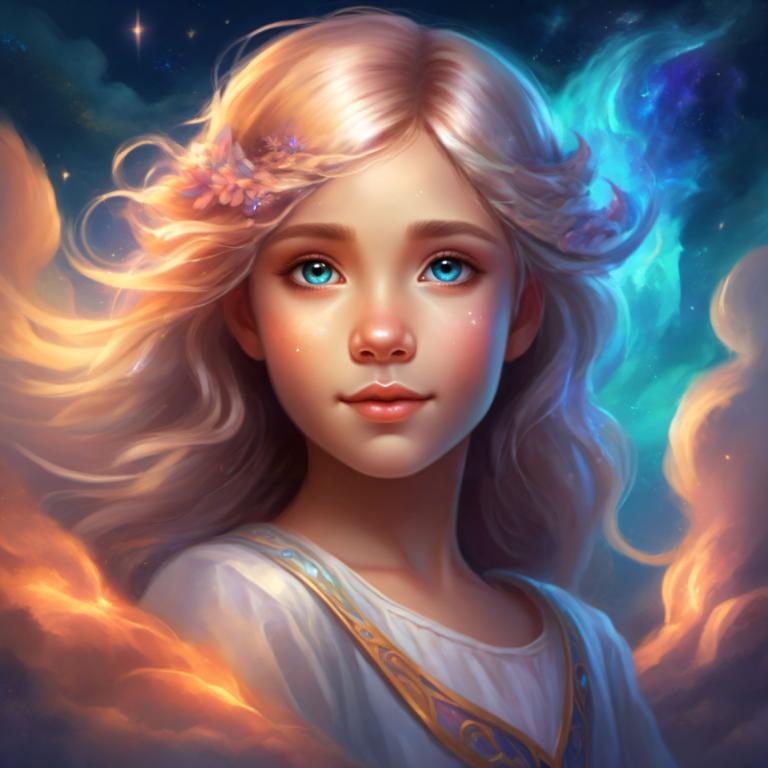 Arc Csere, Fantasy Art, Fantasy Art, People, girl, 1girl, solo, long hair, blonde hair, blue eyes, hair ornament, flower, hair flower, looking at viewer, lips, sky, nose, star (sky), cloud, smile, upper body, freckles, realistic, watermark