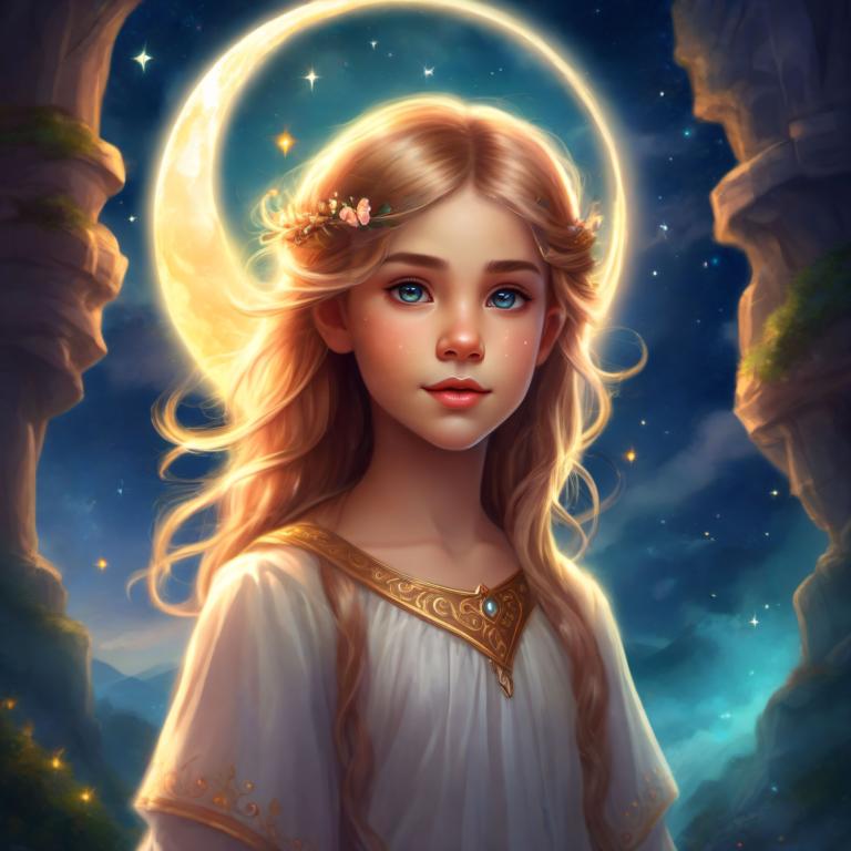 Arc Csere, Fantasy Art, Fantasy Art, People, girl, 1girl, solo, blue eyes, long hair, moon, blonde hair, sky, night, hair ornament, dress, lips, star (sky), flower, looking at viewer, upper body, white dress, night sky, crescent moon, hair flower, starry sky, freckles, crescent, artist name, nose, collarbone, parted lips, outdoors