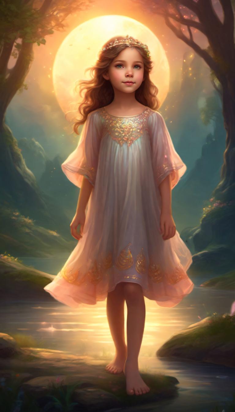 Arc Csere, Fantasy Art, Fantasy Art, People, girl, 1girl, barefoot, solo, dress, brown hair, long hair, nature, realistic, lips, water, moon, tree, blue eyes, full body, standing, looking at viewer, outdoors, forest, white dress, backlighting, arms at sides, full moon