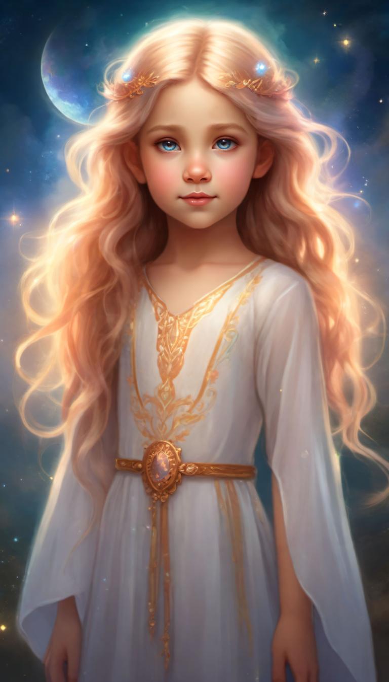 Arc Csere, Fantasy Art, Fantasy Art, People, girl, 1girl, solo, long hair, blonde hair, blue eyes, dress, moon, looking at viewer, lips, white dress, realistic, star (sky), long sleeves, wavy hair, sky