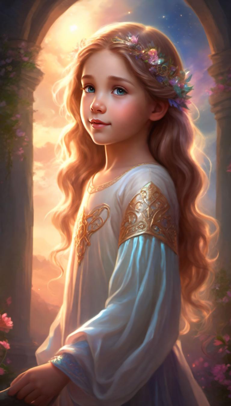 Arc Csere, Fantasy Art, Fantasy Art, People, girl, 1girl, long hair, blue eyes, flower, solo, dress, blonde hair, hair ornament, pillar, sky, lips, sunset, column, hair flower, white dress, looking at viewer, long sleeves, cloud, head wreath, backlighting, wavy hair, nose, arch, pink flower, smile