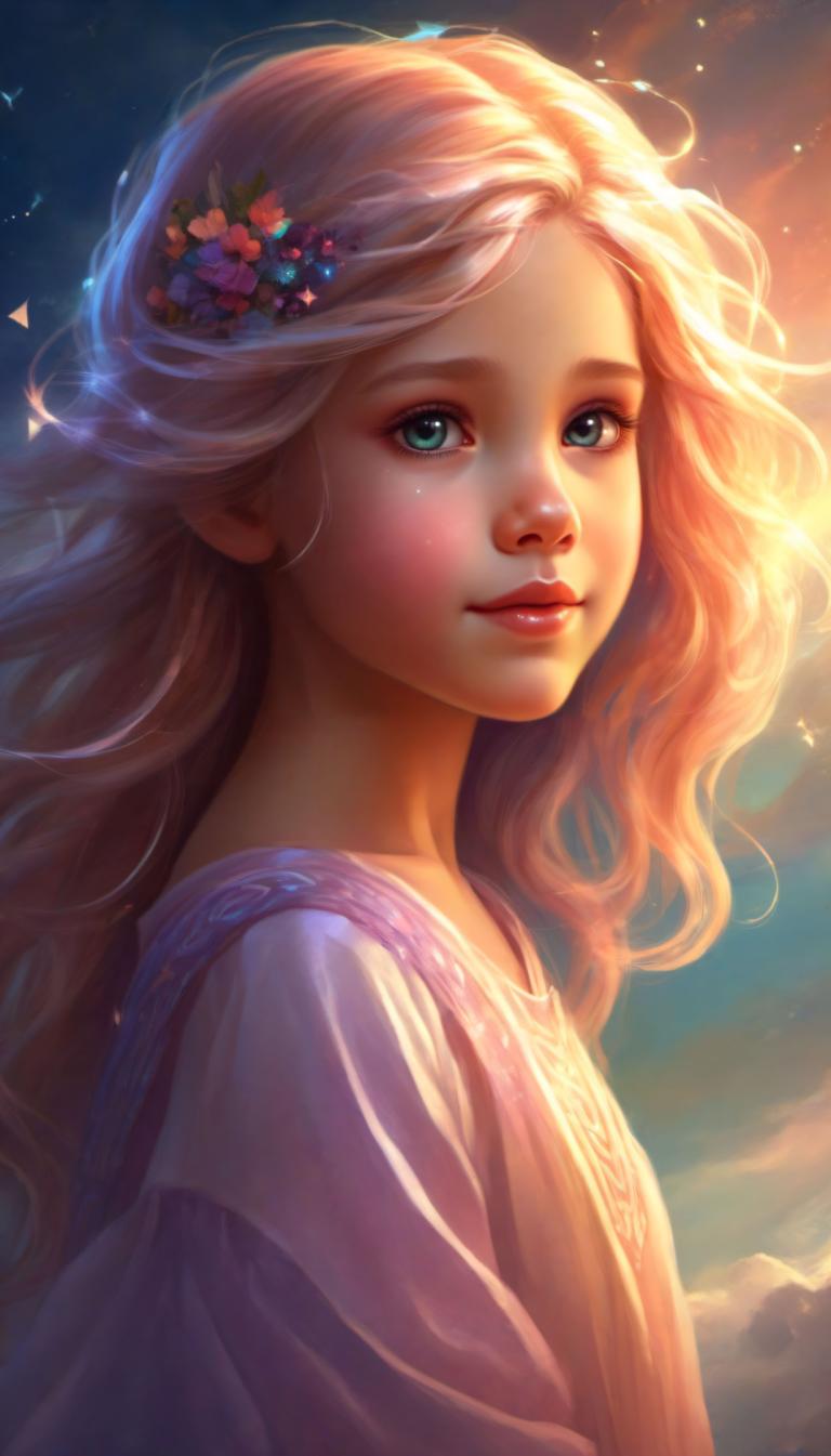 Arc Csere, Fantasy Art, Fantasy Art, People, girl, 1girl, solo, hair ornament, blonde hair, long hair, flower, hair flower, blue eyes, lips, sky, cloud, upper body, realistic, looking at viewer, green eyes