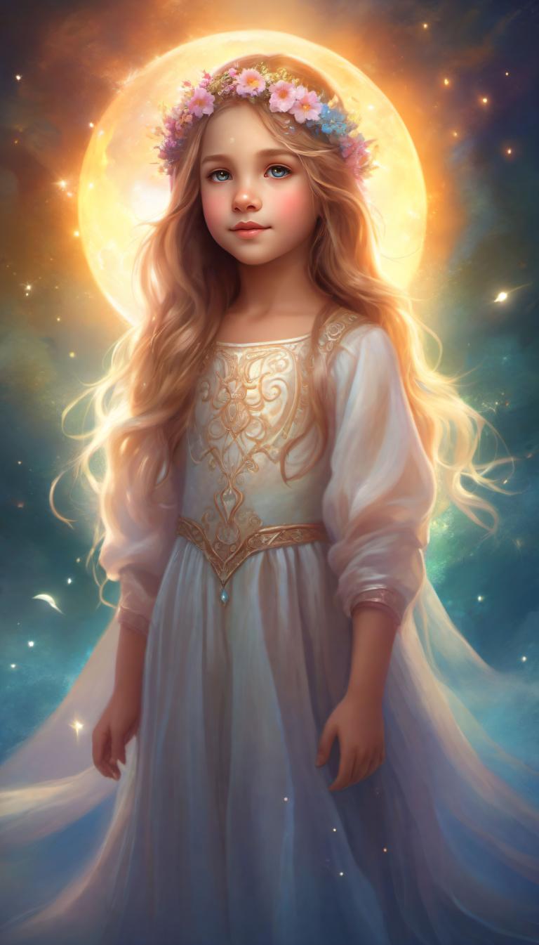 Arc Csere, Fantasy Art, Fantasy Art, People, girl, 1girl, solo, long hair, blonde hair, dress, blue eyes, moon, head wreath, flower, full moon, lips, white dress, hair ornament, looking at viewer, realistic, hair flower