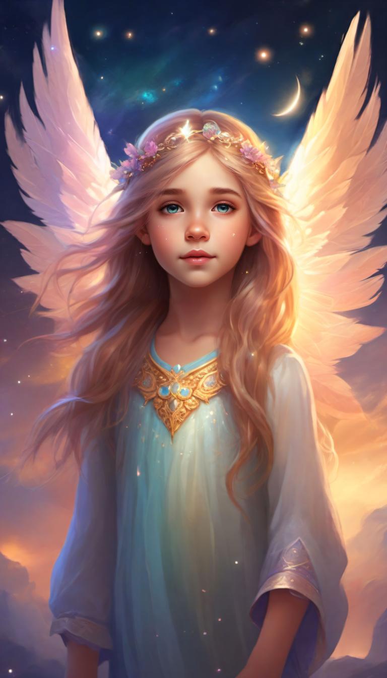 Arc Csere, Fantasy Art, Fantasy Art, People, girl, 1girl, solo, blonde hair, wings, long hair, blue eyes, angel wings, lips, angel, dress, sky, flower, hair ornament, head wreath, looking at viewer, crescent moon, hair flower