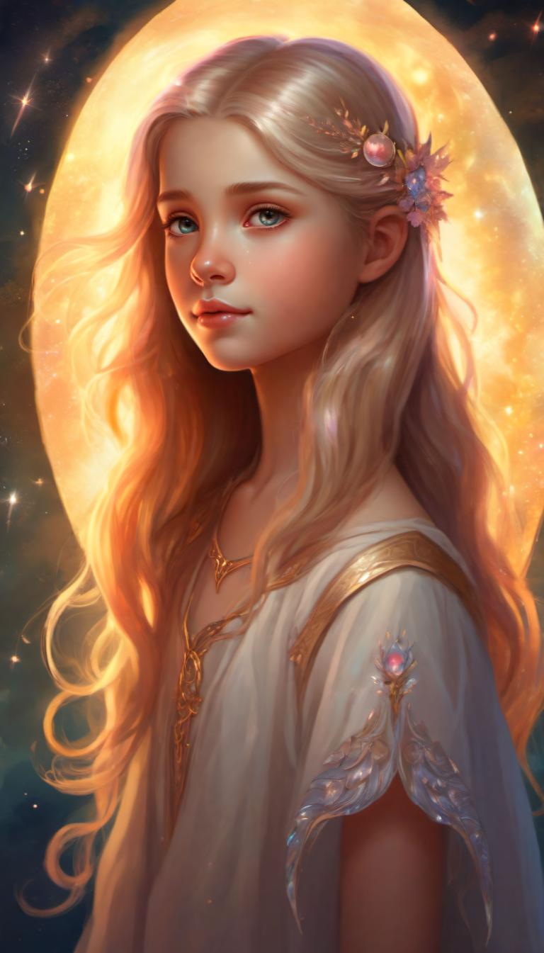 Fantasy Art,Fantasy Art, människor, flicka, 1 tjej, solo, långt hår, måne, blont hår, hårprydnad, fräknar