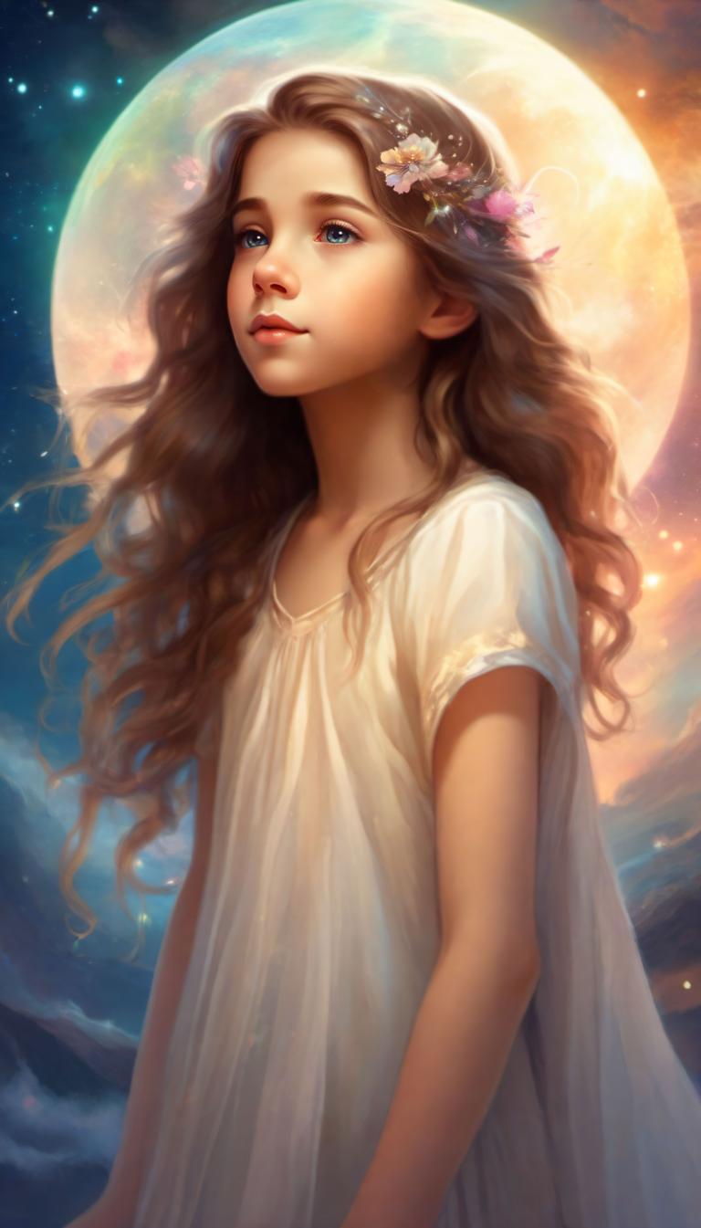 Fantasy Art,Fantasy Art, People, girl, 1girl, solo, long hair, moon, brown hair, hair ornament, blue eyes